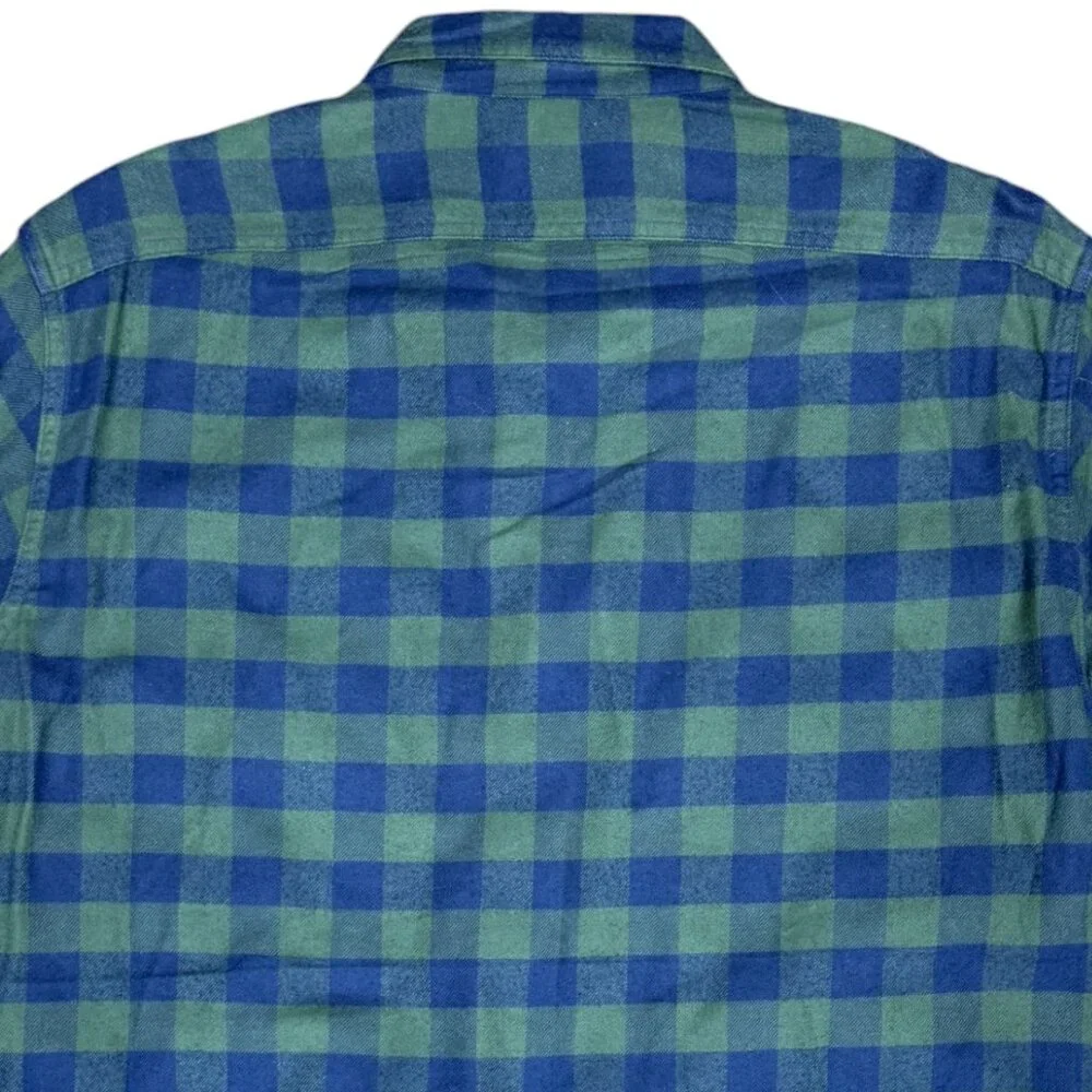 EUC Men's J. CREW Flannel Button Down Camp Shirt Navy and Green Gingham | Size L